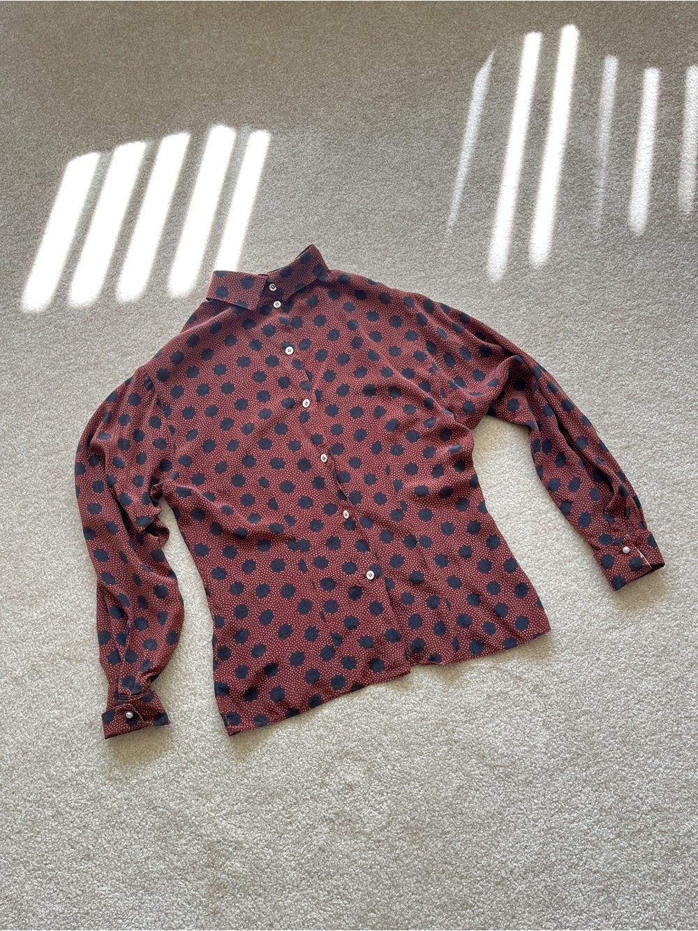Vintage KS Klaus Steilmann, 100% Silk Blouse, Brown Polka Dot Rose Floral, 6